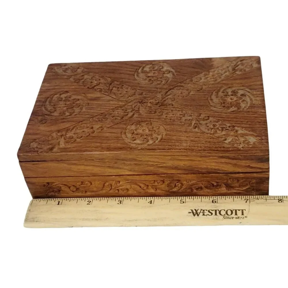 Hand Carved Wooden Box Flowers Trinket Jewelry‎ Blue Velvet Fabric Lined 8